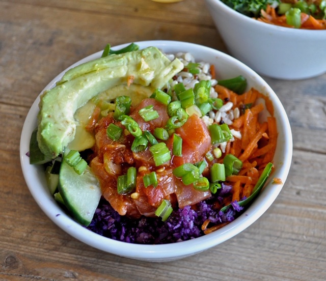 Tuna Bowl - Skipjack pole-caught tuna (MSC Certified and Dolphin safe), carrots, cabbage, celery, fresh parsley, avocado, red pepper, spring mix with a touch of mayo.