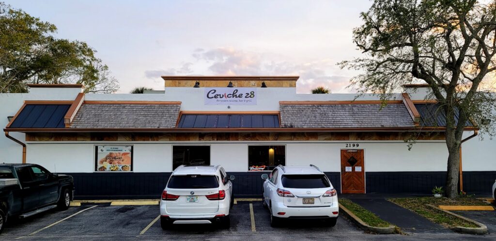Front entrance of Ceviche 28, a Peruvian restaurant located in Vero beach, Florida
