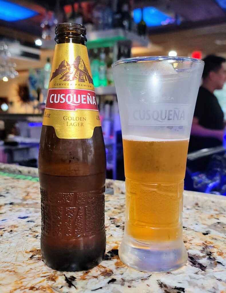 a peruvian beer, cusquena served at Ceviche 28, a Peruvian restaurant located in Vero beach, Florida
