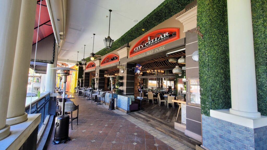 Outdoor entrance on the 2nd floor and outdoor patio at City Cellar Wine Bar & Grill in the Square in West Palm Beach Florida