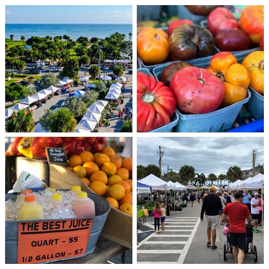 Collage of images showing the Vero Beach Farmers Market held every saturday from 8am - 12pm on Ocean Drive in Vero Beach Florida in Indian River county
