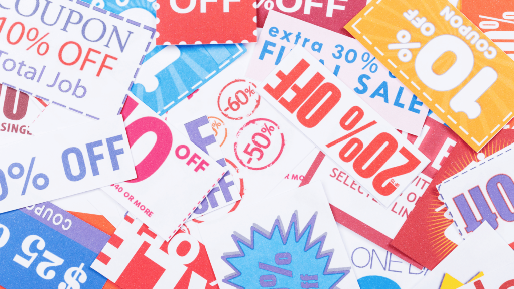 colorful image showing several discount advertising signs layered and in different angles depicting different discounts available at local restaurants