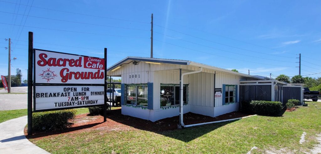 North facing side of Sacred Grounds Corner Cafe restaurant located in Fort Pierce Florida