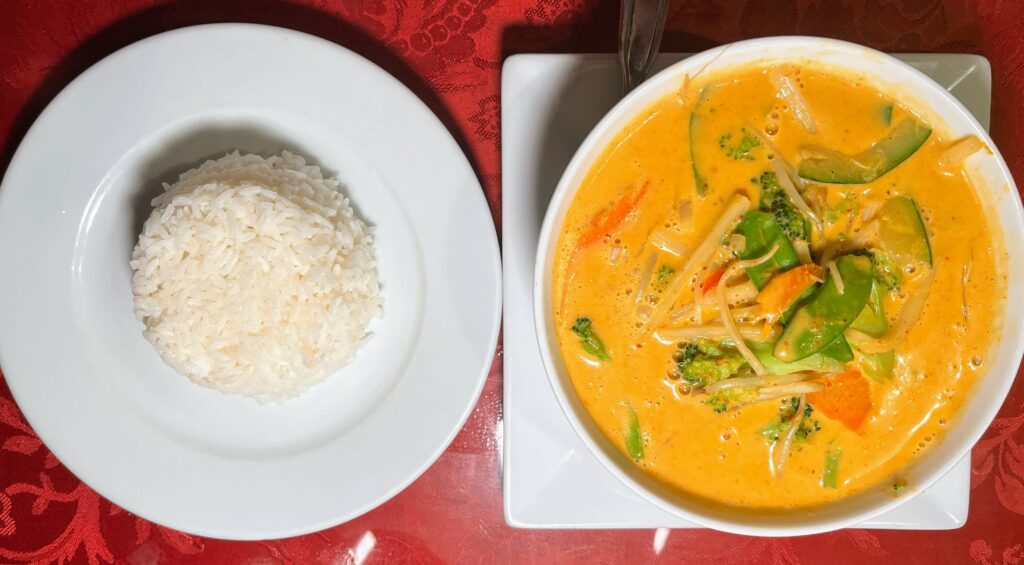 Red Curry Vegetables and Rice from saigon sushi located in vero beach florida