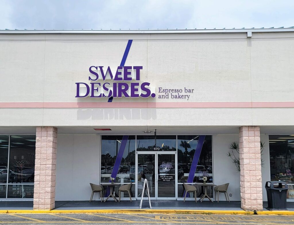 Front entrance of Sweet Desires, an espresso bar and bakery located in the Miracle Mile shopping district in Vero Beach Florida