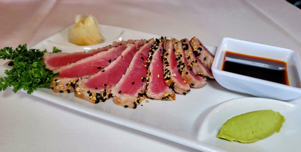 Seared Ahi Tuna appetizer as prepared by the Dolphin Bar & Shrimp House located in Jensen Beach, Florida