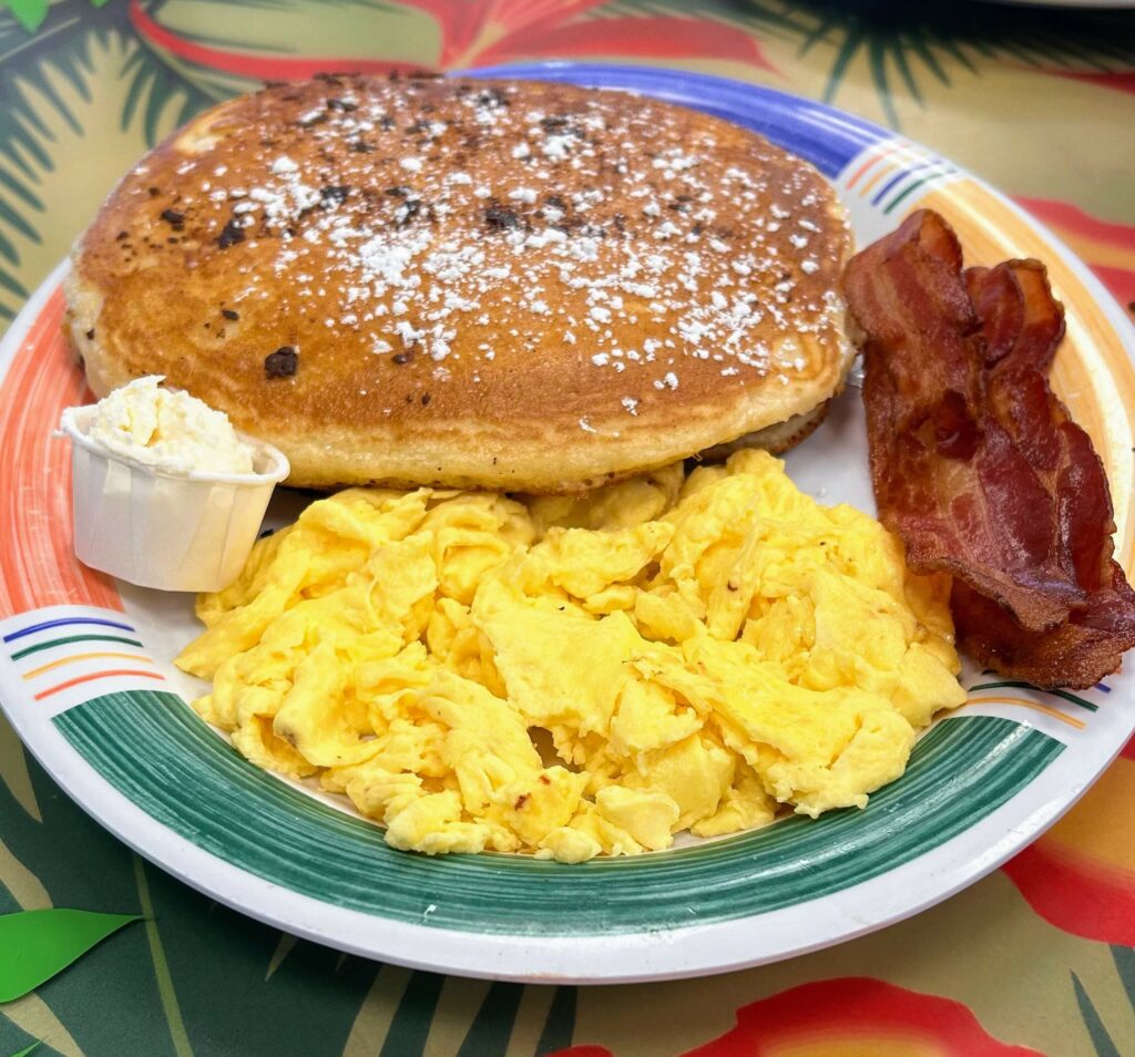 Pancakes with Eggs and Bacon at Juno Beach Cafe in Juno Beach Florida