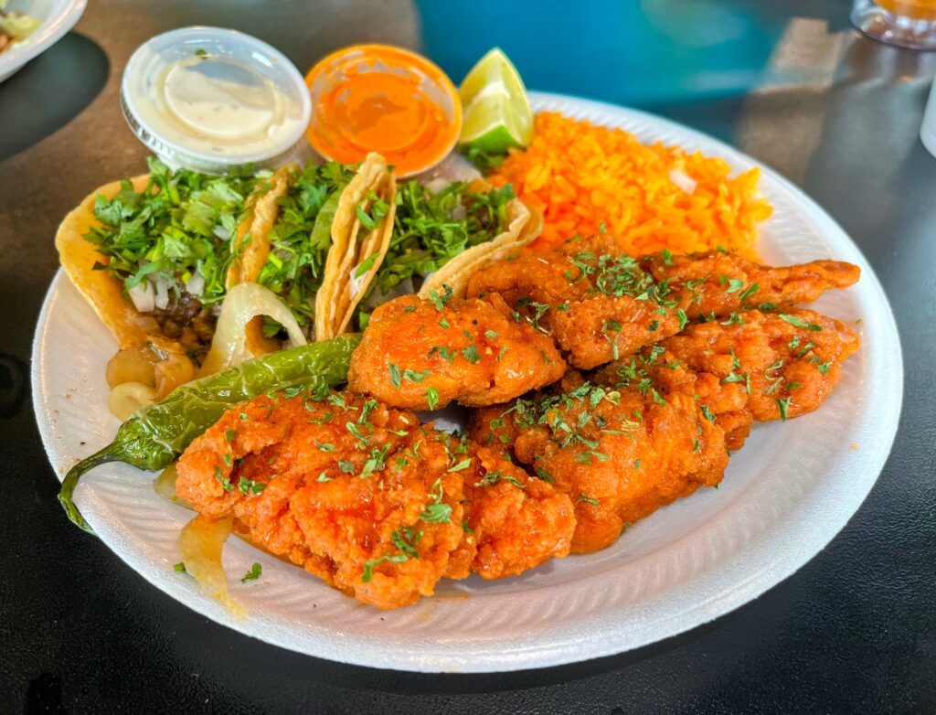 3 chicken tenders and 3 tacos combo platter at Palos Tacos in Vero Beach Florida