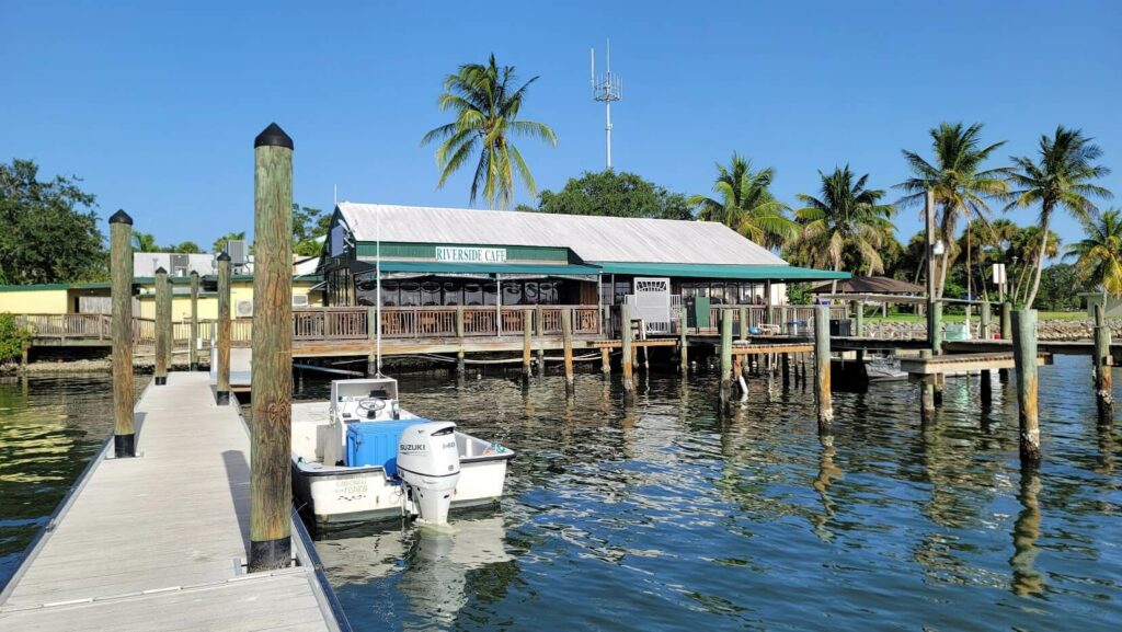 The dock and outdoor dining patio at Riverside Cafe located in vero beach florida
