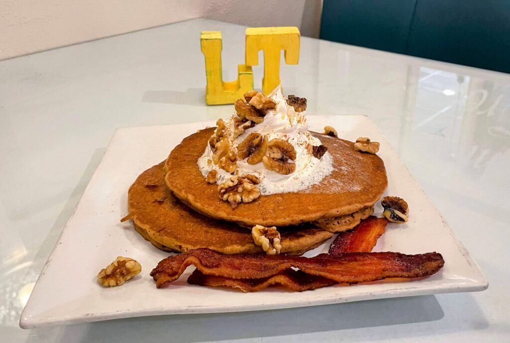Pumpkin pancakes with a side of bacon as prepared at The Lemon Tree in Vero Beach Florida