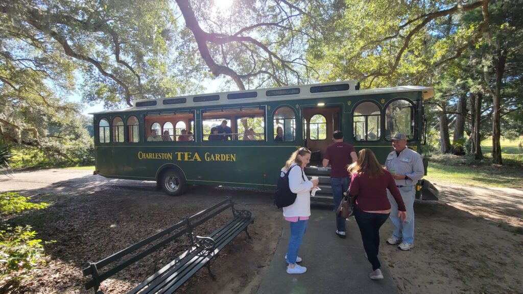The trolley tour at Charleston Tea Garden Plantation in Charleston South Carolina
