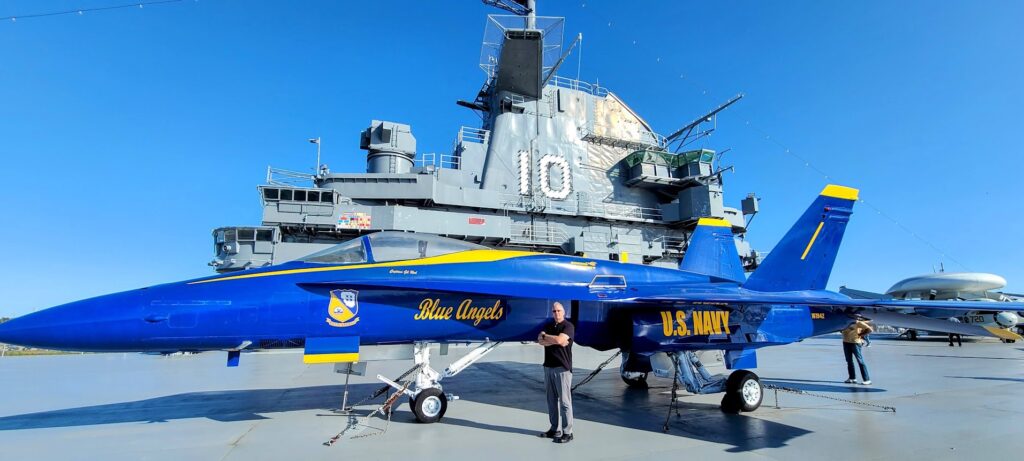 A Blue Angels jet on display on the deck of the USS York town aircraft carrier at the Patriot's Point Museum in Charleston South Carolina