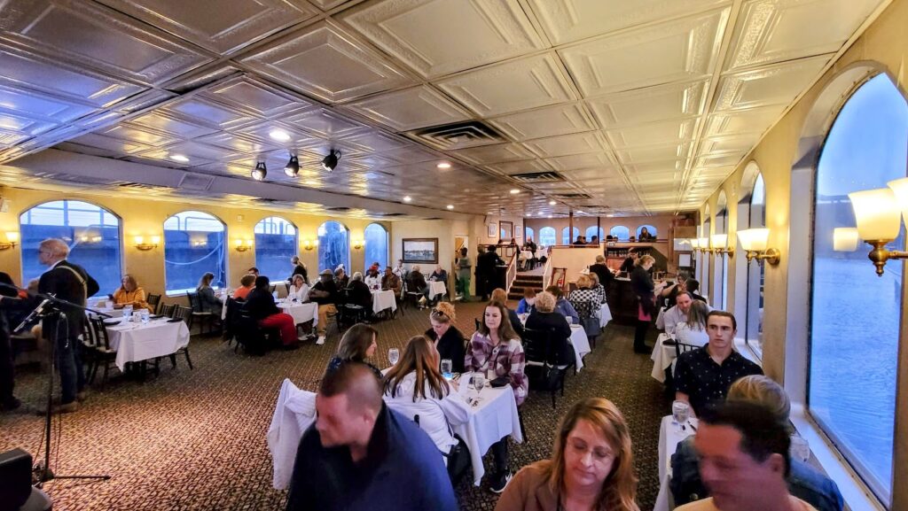 The inside dining room on the Spiritlines Dinner Cruise boat at the Patriot's Point in Charleston South Carolina