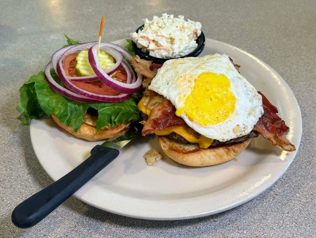 Hangover burger as prepared by Captains Galley located in Fort Pierce Florida