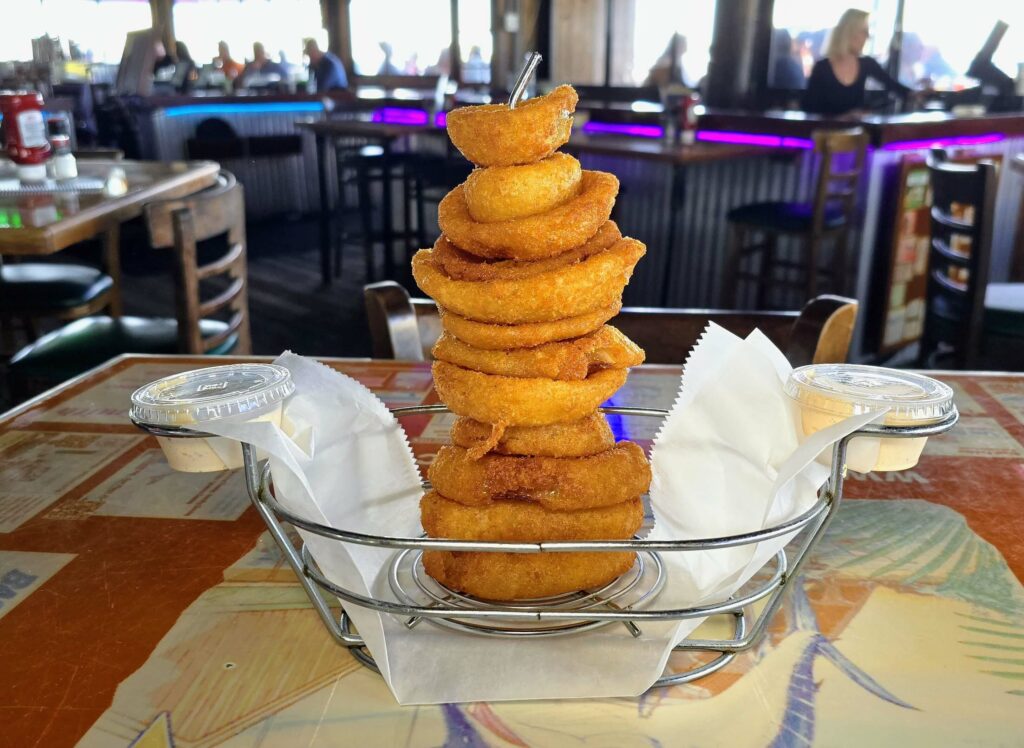 Onion ring tower appetizer as prepared by Riverside Cafe in Vero Beach Florida