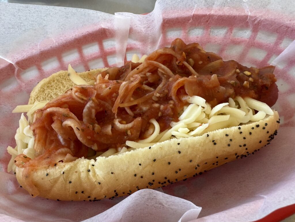 Yankee Dog: New York onions, Swiss, brown mustard as prepared by Mustard's Last Stand in Melbourne, Florida
