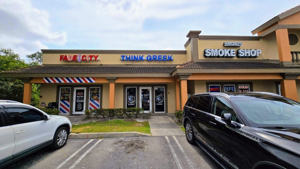 Front entrance of Think Greek PSL located in Port St Lucie Florida